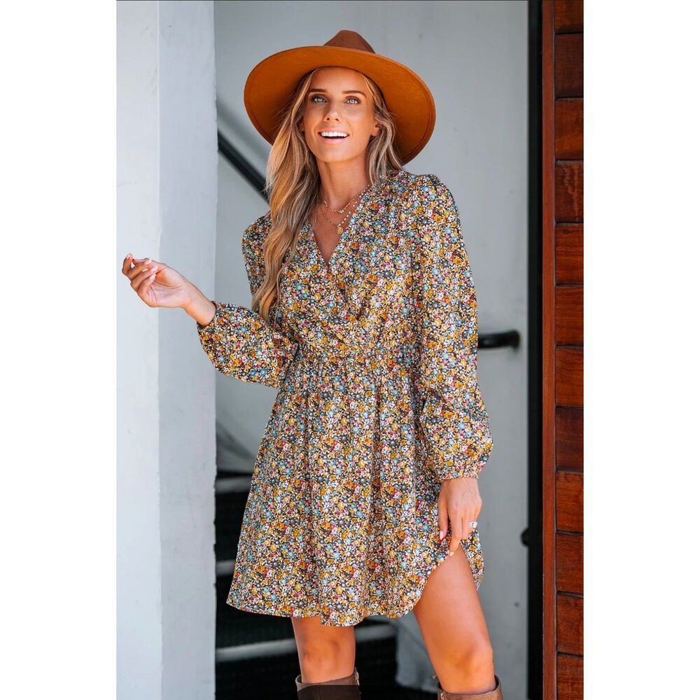 Cupshe Yellow Floral Ditsy Peasant Long Sleeve Dress Size S NWT
